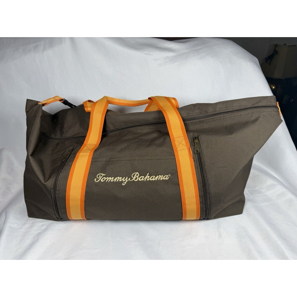 Tommy Bahama Duffle Bag Travel Gym Canvas Brown Orange Embroidered GUC
